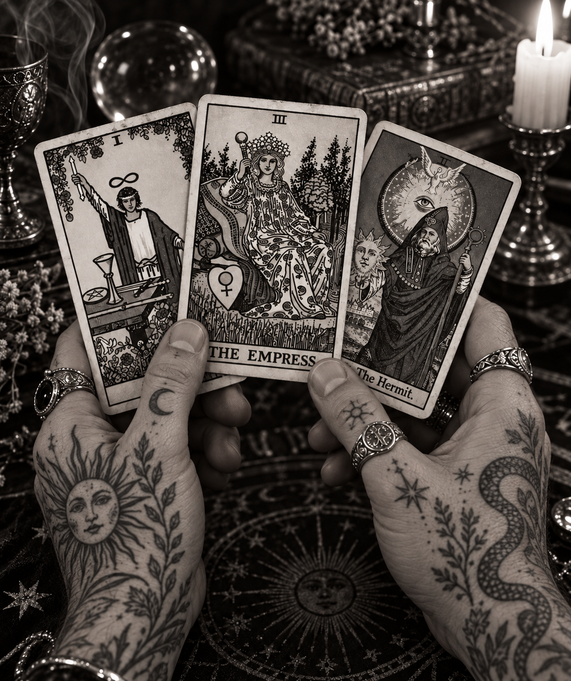 Mãos tatuadas segurando cartas de tarô em uma mesa escura, em preto e branco